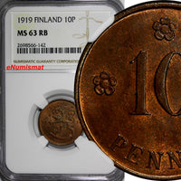 Finland Copper 1919 10 Pennia NGC MS63 RB 1st Year Type KM# 24 (142)