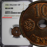 Finland Copper 1941 10 Pennia NGC MS64 RB HIGH GRADED   KM# 33.1  (143)