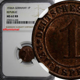 Germany 1936-A 1 Reichspfennig NGC MS62 RB 1GRADED HIGHEST KM# 37 (008)