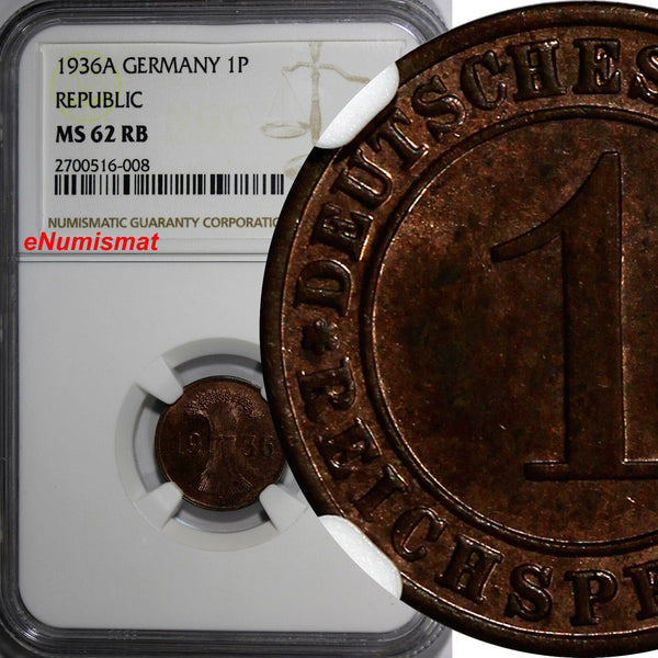 Germany 1936-A 1 Reichspfennig NGC MS62 RB 1GRADED HIGHEST KM# 37 (008)