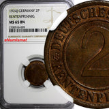 Germany,Weimar Republic 1924-J 2 Rentenpfennig NGC MS65 BN TOP GRADED KM#31(009)