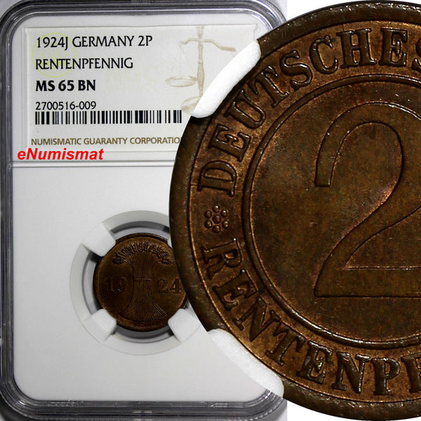 Germany,Weimar Republic 1924-J 2 Rentenpfennig NGC MS65 BN TOP GRADED KM#31(009)