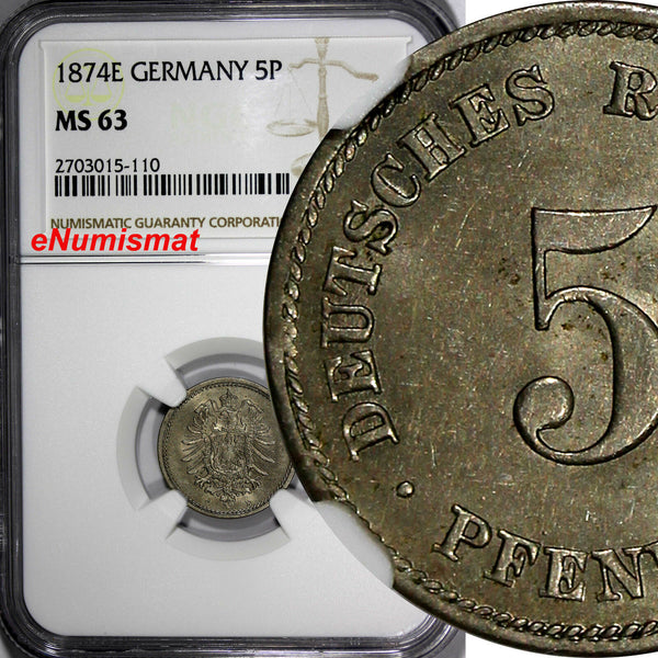 Germany-Empire 1874-E 5 Pfennig NGC MS63 SCARCE DATE TOP GRADED BY NGC KM# 3(10)