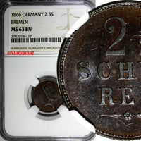 Germany BREMEN Copper 1866 2-1/2 Schwaren NGC MS63 BN Mintage-72,000 KM234 (127)