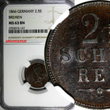 Germany BREMEN Copper 1866 2-1/2 Schwaren NGC MS63 BN Mintage-72,000 KM234 (127)