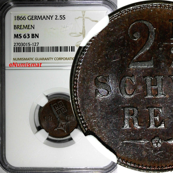 Germany BREMEN Copper 1866 2-1/2 Schwaren NGC MS63 BN Mintage-72,000 KM234 (127)