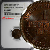 Germany MECKLENBURG-SCHWERIN 1872-B 1 Pfennig NGC MS64 BN TOP GRADE KM#315 (218)