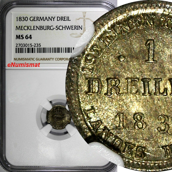 Germany MECKLENBURG-SCHWERIN Friedrich Franz I 1830 1 Dreiling NGC MS64 KM# 267