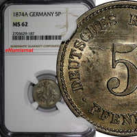 Germany-Empire Wilhelm I 1874-A 5 Pfennig NGC MS62 1st Date TOP GRADED KM#3 /187
