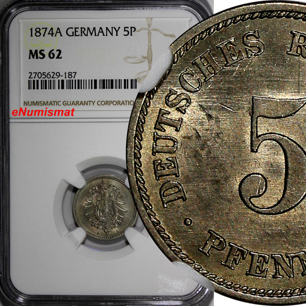 Germany-Empire Wilhelm I 1874-A 5 Pfennig NGC MS62 1st Date TOP GRADED KM#3 /187