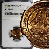 South Africa George VI Bronze 1950 1/4 Penny NGC MS65 RB KM# 32.1 (331)