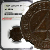 Germany, Weimar Republic Bronze 1932 A 4 Reichspfennig NGC AU58 BN KM# 75 (168)