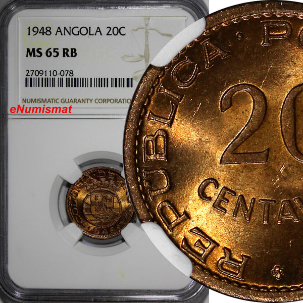 Angola Bronze 1948 20 Centavos NGC MS65 RB 300th Anniversary Revolution KM#71(8)