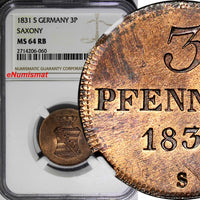 Germany SAXONY-ALBERTINE 1831-S 3 Pfennig NGC MS64 RB TOP GRADED KM# 1100 (060)