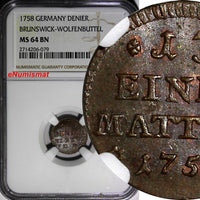 Germany BRUNSWICK-WOLFENBÜTTEL 1758 1 Denier NGC MS64 BN TOP GRADED KM#948 (079)