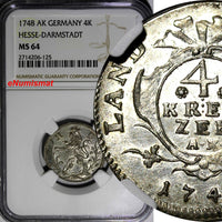 German HESSE-DARMSTADT LUDWIG VIII 1748 AK 4 Kreuzer NGC MS64 TOP GRADE KM184(5)