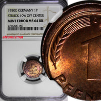 Germany-Federal Republic 1950-G 1 Pfennig NGC MINT ERROR MS64 RB SCARCE KM105(6)