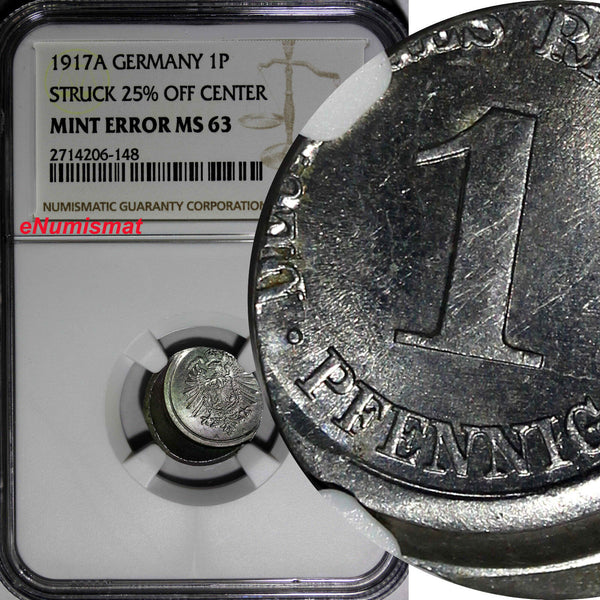 Germany-Empire Aluminum 1917-A 1 Pfennig NGC MINT ERROR MS63 WWI SCARCE KM#24(8)