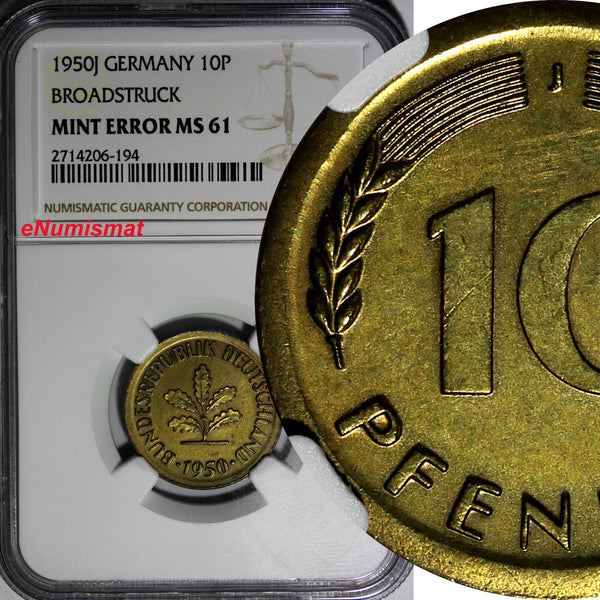 Germany Federal 1950-J 10 Pfennig NGC MINT ERROR MS61 BROADSTRUCK KM# 108 (194)