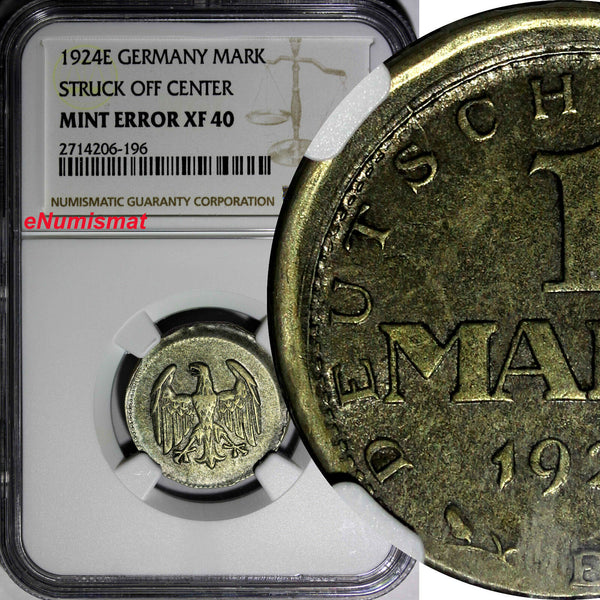 Germany - Weimar  Silver 1924-E 1 Mark NGC MINT ERROR XF40 SCARCE KM# 42 (196)