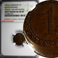 Germany Wiemar Bronze 1924-A 1 Reichspfennig MINT ERROR NGC AU58 BN KM# 37 (093)