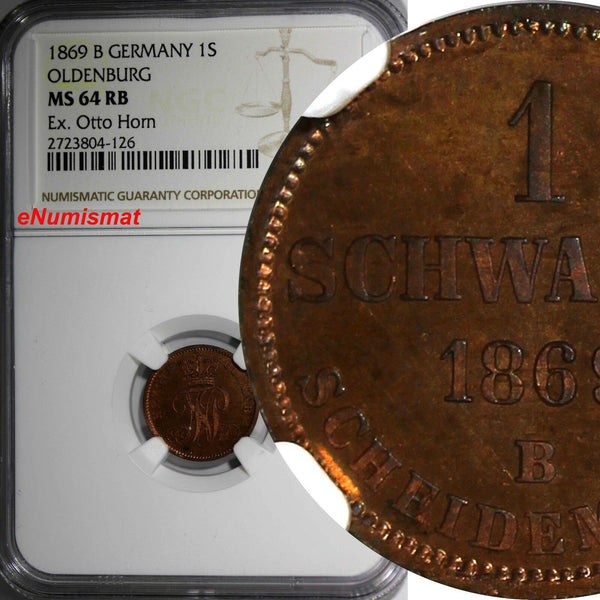 Germany OLDENBURG 1869-B 1 Schwaren NGC MS64 RB TOP GRADED Ex.HORN  KM# 190(126)