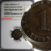 Germany-Empire Wilhelm II Copper 1905 A 1 Pfennig MINT ERROR NGC MS61 BN KM10(8)