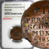 German BRUNSWICK-WOLFENBÜTTEL 1824 2 Pfennige NGC MS63 RB TOP GRADE KM1108(129)