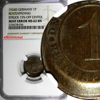 Germany - Weimar 1924 D 1 Reichspfennig NGC MINT ERROR MS62 BN KM# 37 (036)
