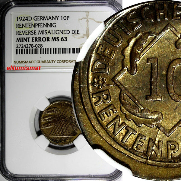 Germany - Weimar Republic 1924 10 Rentenpfennig NGC MINT ERROR MS63 KM# 33 (028)