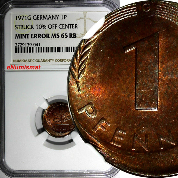 Germany-Federal Republic Copper 1971-G 1 Pfennig NGC-MINT ERROR MS65 RB KM# 105