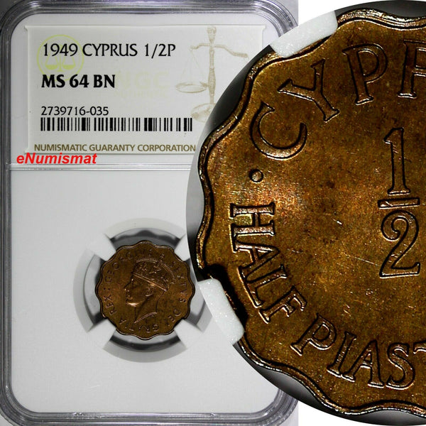 Cyprus BRITISH COLONY 1949 1/2 Piastre NGC MS64 BN 1 YEAR TYPE KM# 29 (035)
