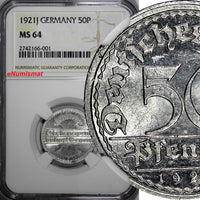 Germany,Weimar Republic 1921 J 50 Pfennig NGC MS64 1 GRADED HIGHER KM#27 (001)