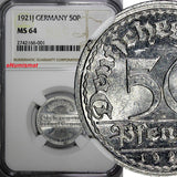 Germany,Weimar Republic 1921 J 50 Pfennig NGC MS64 1 GRADED HIGHER KM#27 (001)