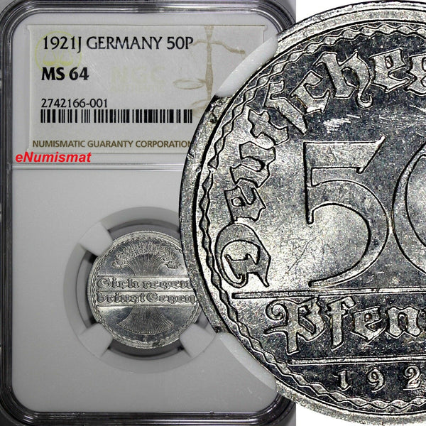 Germany,Weimar Republic 1921 J 50 Pfennig NGC MS64 1 GRADED HIGHER KM#27 (001)