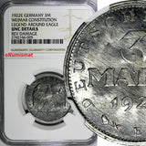 Germany,Weimar 1922 E 3 Mark NGC UNC DETAILS LEGEND AROUND EAGLE KM# 29 (005)