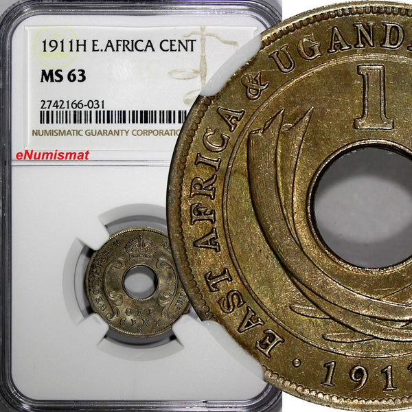 East Africa George V Copper-Nickel 1911 H 1 Cent NGC MS63 1st Year Type KM# 7(1)