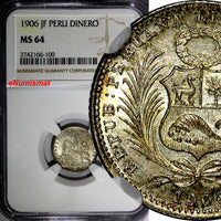 PERU Silver 1906 JF 1 Dinero NGC MS64 Mintage-826,000 Seated Liberty KM#204.2(0)