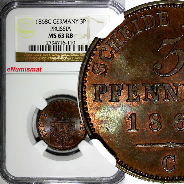 German States PRUSSIA Wilhelm I Copper 1868 C 3 Pfennig NGC MS63 RB KM# 482(110)