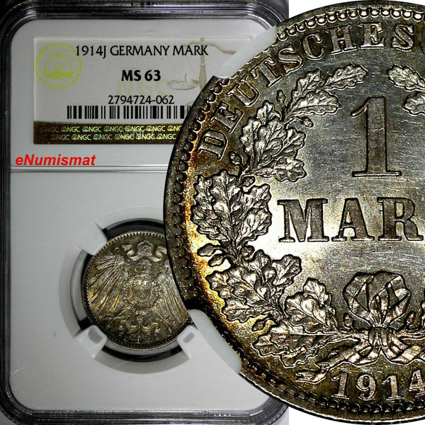 Germany - Empire Wilhelm II Silver 1914 J 1 Mark NGC MS63 Nice Toned KM# 14(062)