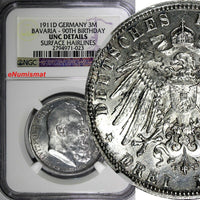 Germany BAVARIA-90TH BIRTHDAY 1911 D 3 Mark NGC UNC DETAILS KM# 998 (023)