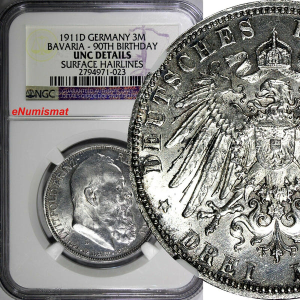 Germany BAVARIA-90TH BIRTHDAY 1911 D 3 Mark NGC UNC DETAILS KM# 998 (023)