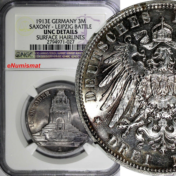 Germany SAXONY Leipzig Battle Silver 1913 E 3 Mark NGC UNC DETAILS KM#1275 (027)