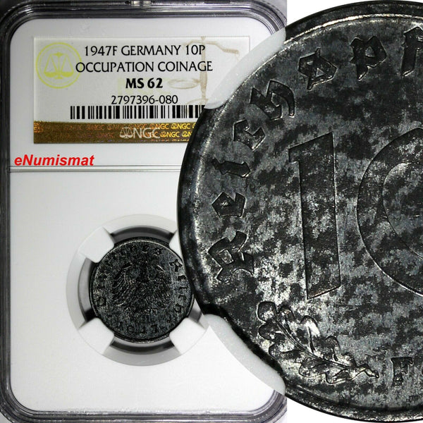 Germany,Third Reich 1947 F 10 Reichspfennig NGC MS62 KM# A104 Occupation (080)