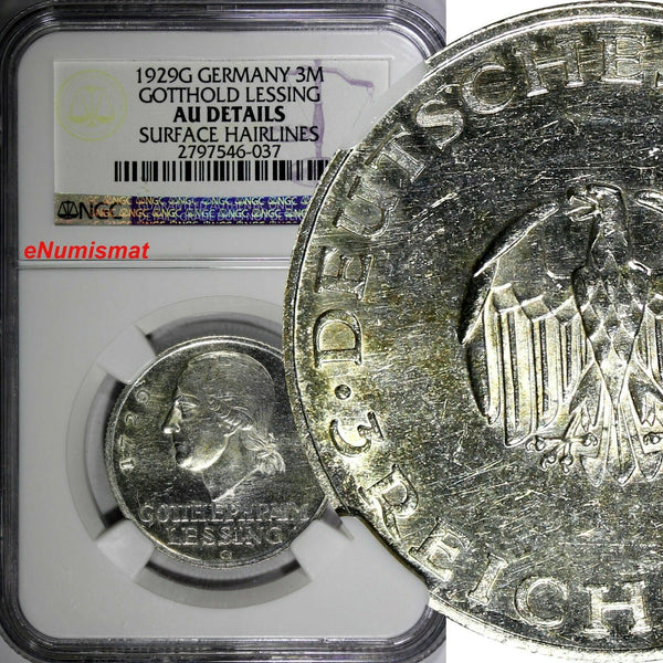 Germany-Weimar Silver 1929 D 3 Reichsmark Gotthold Lessing NGC AU DET. KM# 60(7)