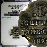 German States HAMBURG Silver 1828 HSK 1 Schilling NGC UNC DETAILS KM# 546.1(004)