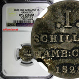 German States HAMBURG Silver 1828 HSK 1 Schilling NGC UNC DETAILS KM# 546.1(004)