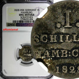 German States HAMBURG Silver 1828 HSK 1 Schilling NGC UNC DETAILS KM# 546.1(004)