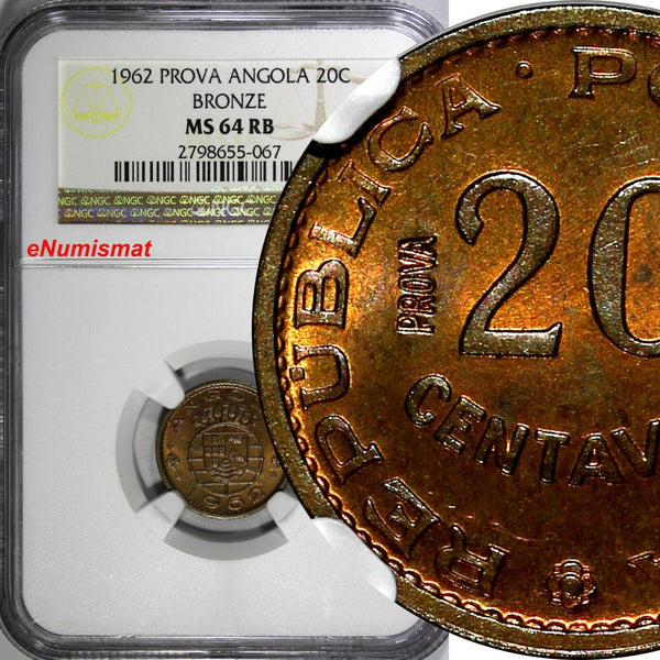 Angola Bronze 1962 20 Centavos PROVA ESSAY NGC MS64 RB TOP GRADED KM# Pr58 (067)