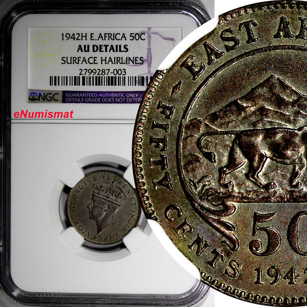 East Africa British George VI Silver 1942 H 50 Cents NGC AU DETAILS KM# 27 (03)